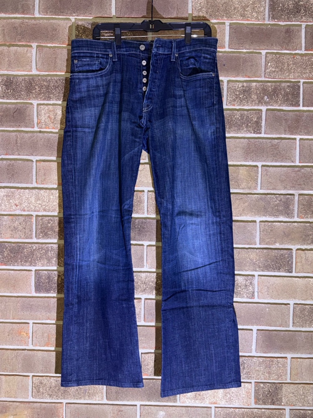 Men's Bootcut Dark Blue Denim Jeans with Button Fly. 36/32